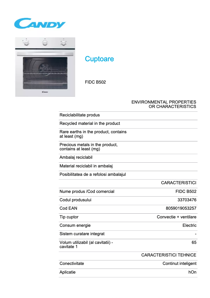 Page n°1 - Fiche technique Candy FIDC B502