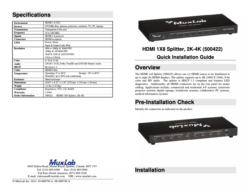 Page 1 de la notice Manuel utilisateur MuxLab 500422