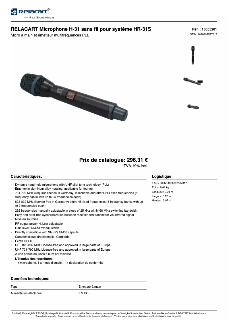 Page 1 de la notice Fiche technique Relacart H-31
