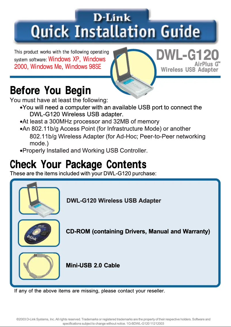 Page n°1 - Guide d'installation D-Link DWL-G120