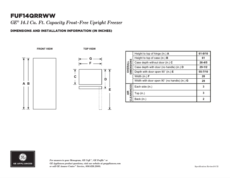 Page n°1 - Fiche technique GE FUF14QRRWW