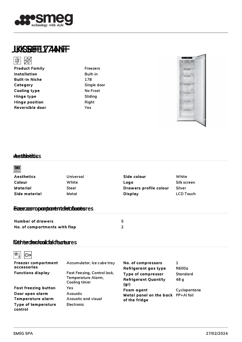 Page 1 de la notice Fiche technique Smeg UKS8F174NF