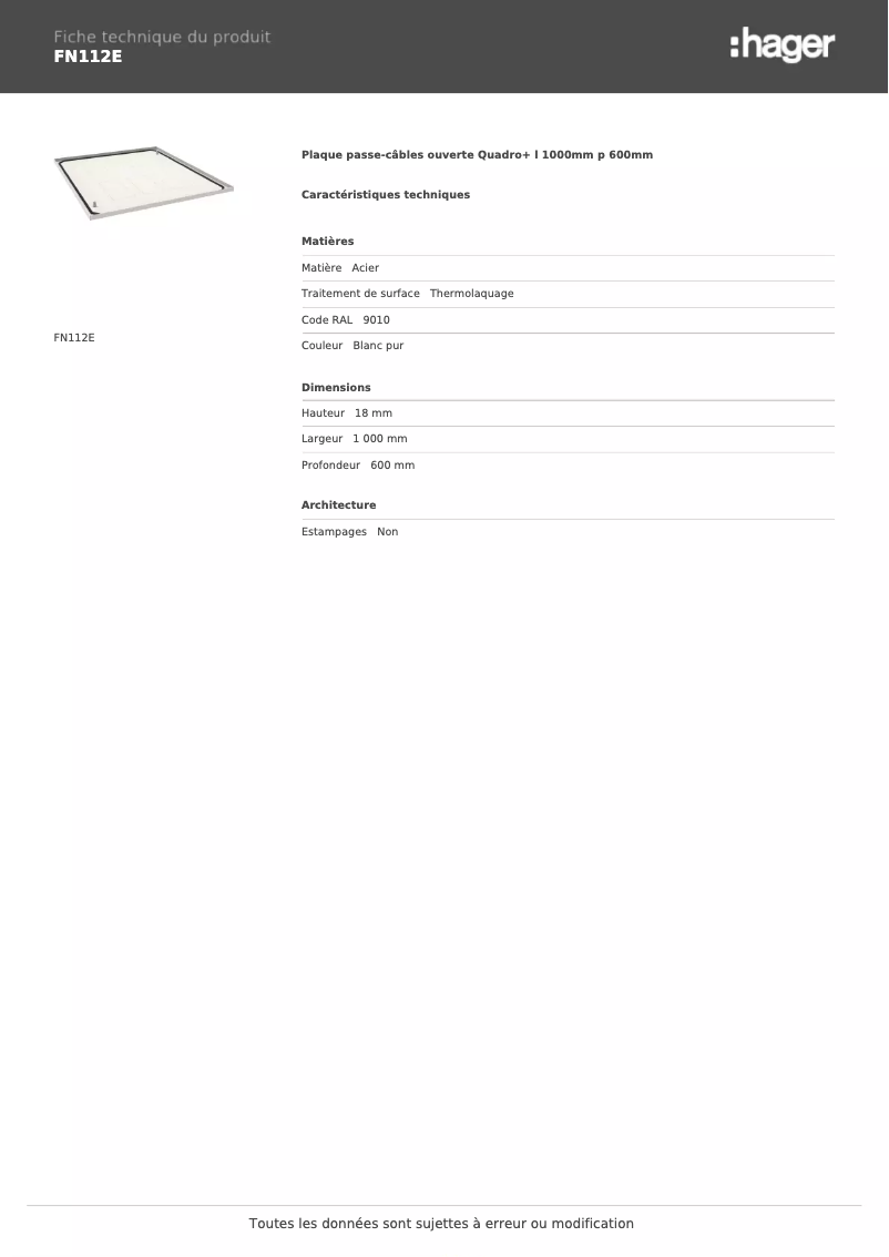 Page 1 de la notice Fiche technique Hager FN112E