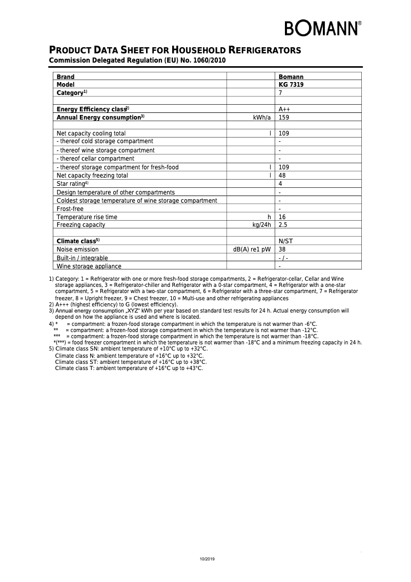 Page 1 de la notice Fiche technique Bomann KG 7319
