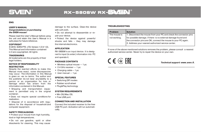 Page 1 de la notice Manuel utilisateur Sven RX-580SW