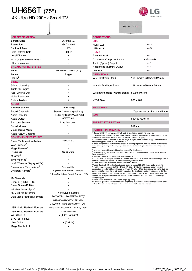 Página 1 del manual Ficha técnica LG 75UH656T