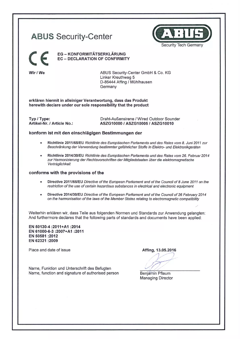 Page 1 de la notice Manuel utilisateur Abus AZSG10005