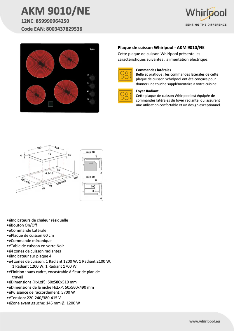 Page 1 de la notice Fiche technique Whirlpool AKM 9010/NE