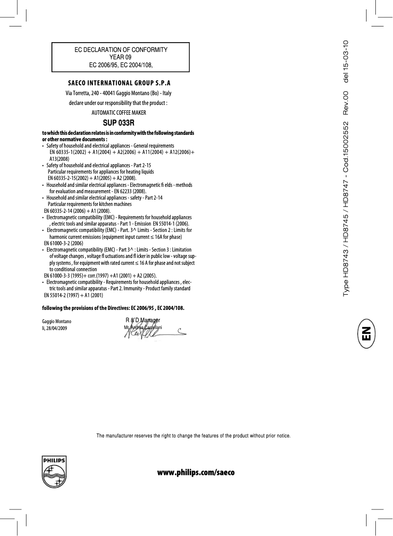 Image de la première page du manuel de l'appareil Saeco Xsmall