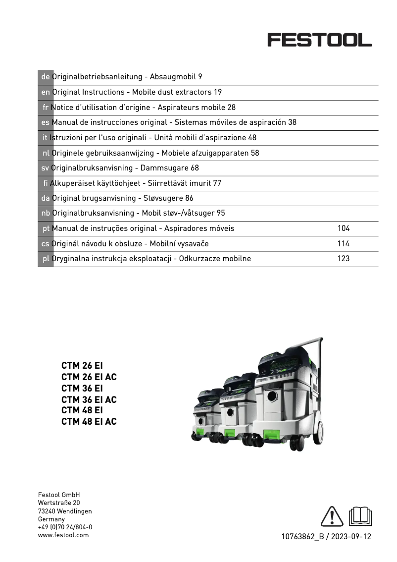 Page 1 de la notice Manuel utilisateur Festool Cleantec CTM 26