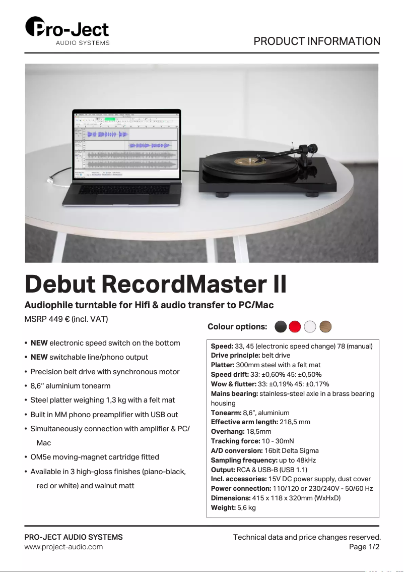 Page n°1 - Fiche technique Pro-Ject Debut RecordMaster II