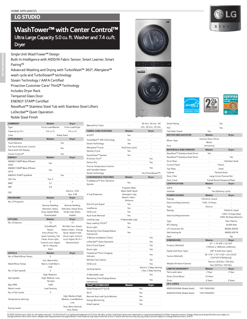 Page 1 de la notice Fiche technique LG WSGX201HNA