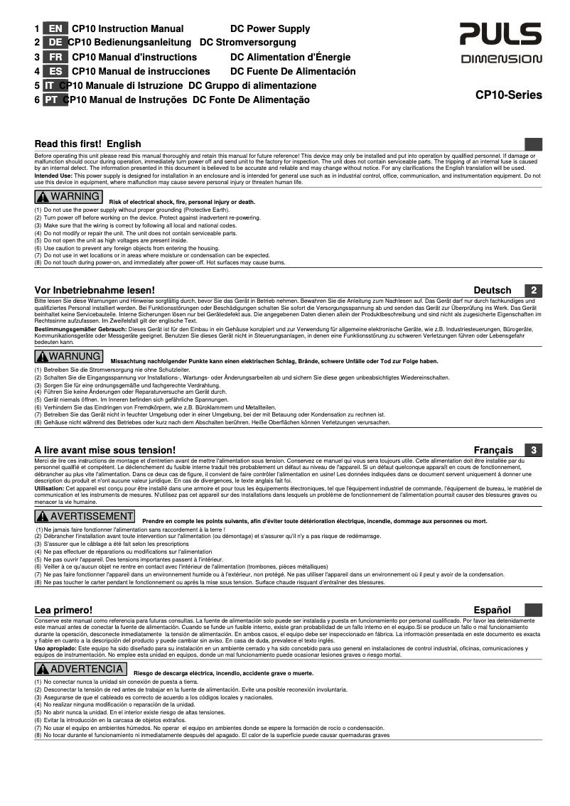 Page n°1 - Manuel utilisateur Puls Dimension CP10.241-S1