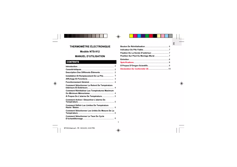Page n°1 - Manuel utilisateur Oregon Scientific NTS912