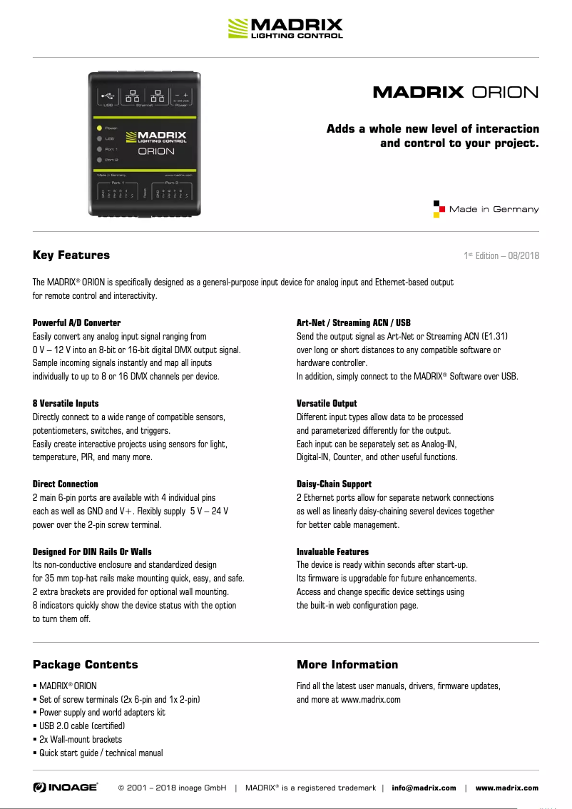 Page 1 de la notice Fiche technique Madrix ORION
