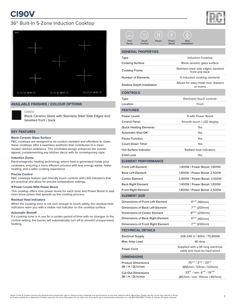 Page 1 de la notice Fiche technique Porter & Charles CI90V