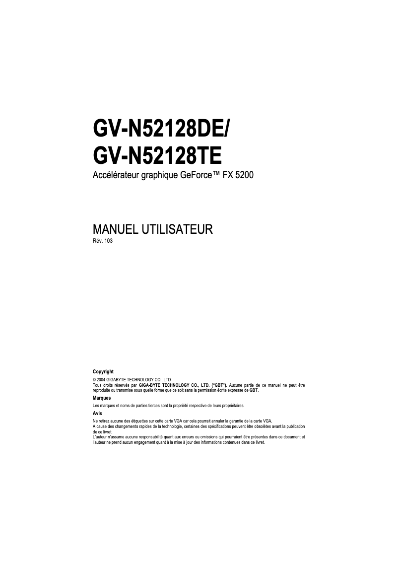 Page 1 de la notice Manuel utilisateur Gigabyte GV-N52128TE