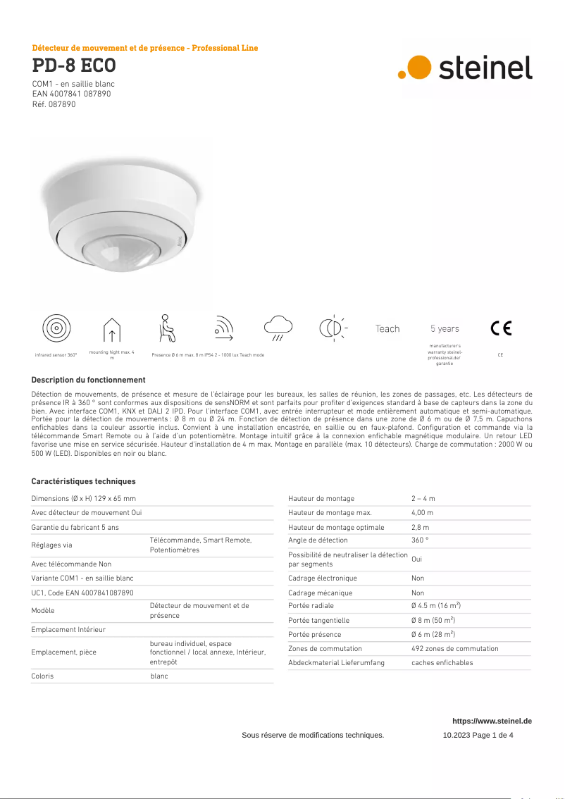 Page 1 de la notice Fiche technique Steinel PD-8 ECO COM1