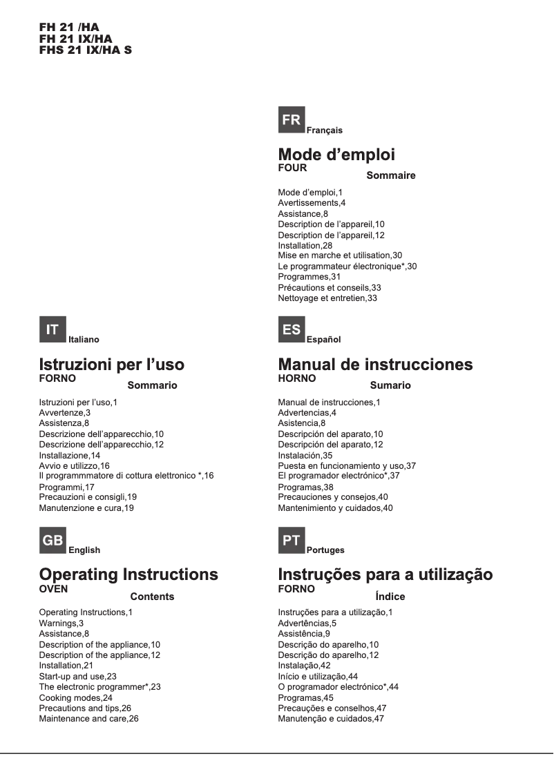 Page n°1 - Manuel utilisateur Hotpoint Ariston FHS 21 IX/HA S