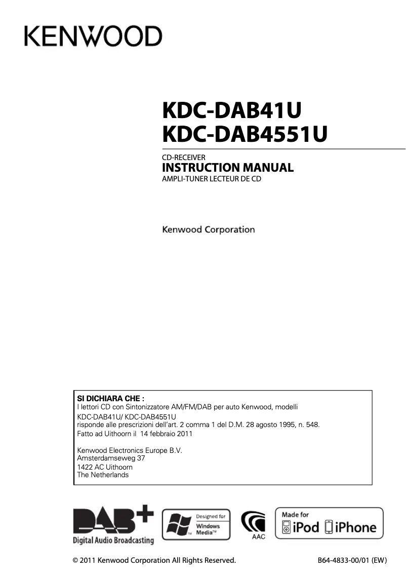 Page n°1 - Manuel utilisateur Kenwood KDC-DAB4551U