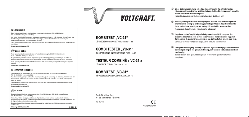 Page 1 de la notice Manuel utilisateur Voltcraft VC-31