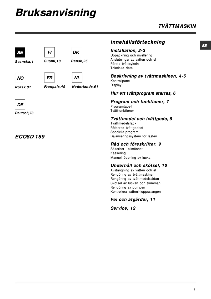 Page 1 de la notice Manuel utilisateur Hotpoint ECO8D 169