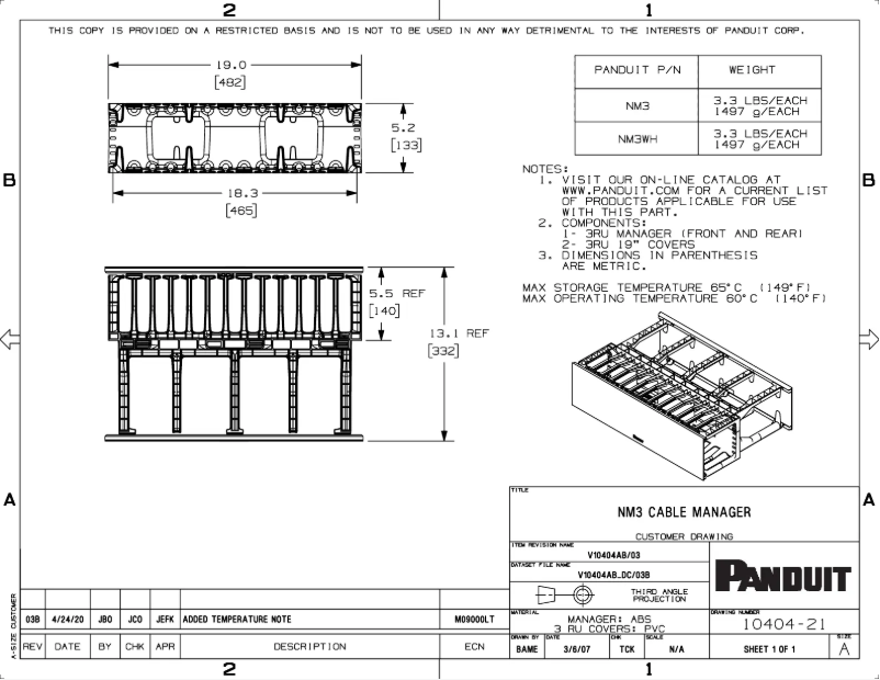 Page 1 de la notice Dessin technique Panduit NM3