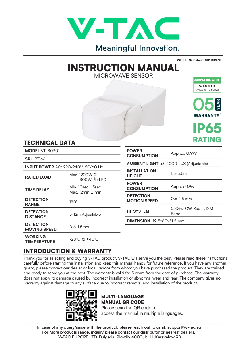 Page 1 de la notice Manuel utilisateur V-TAC VT-80301