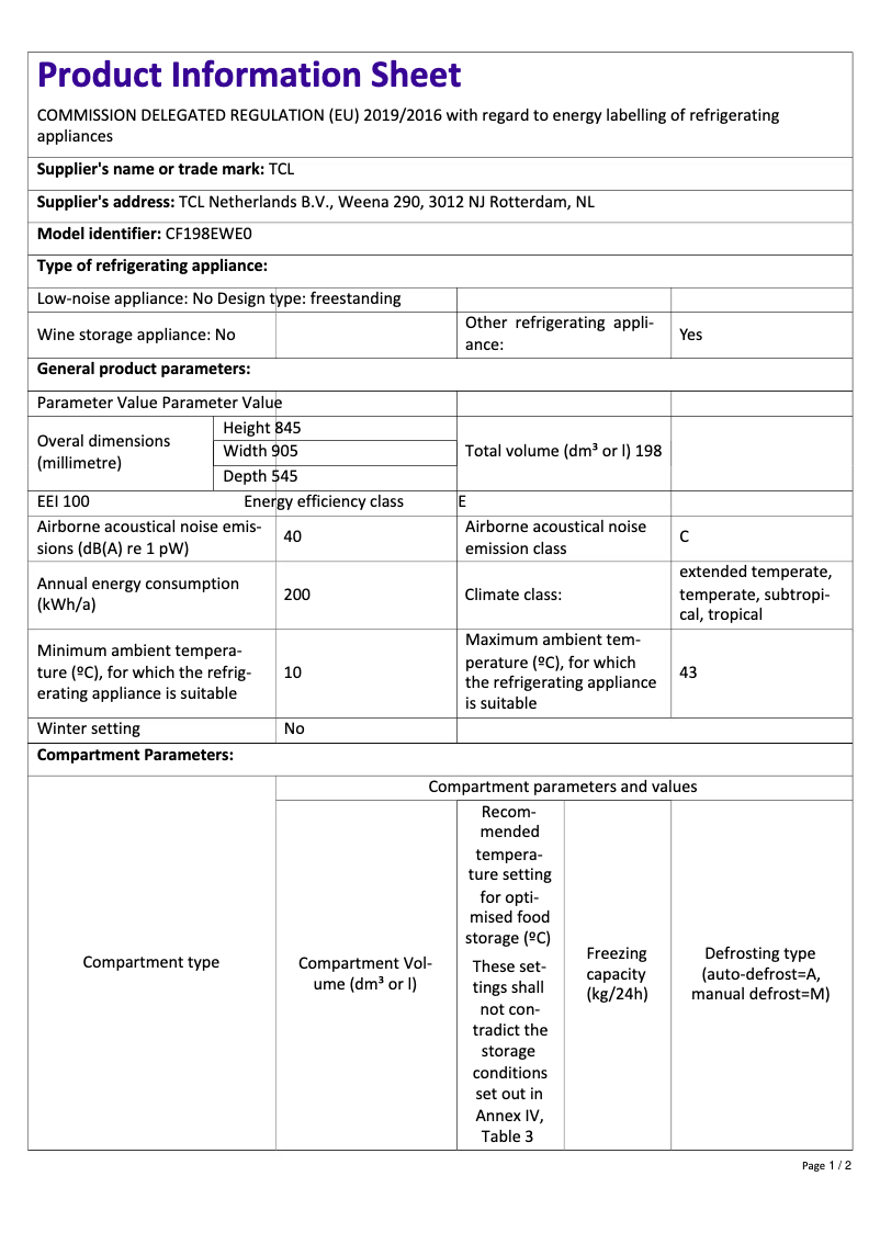 Page n°1 - Fiche technique TCL CF198EWE0
