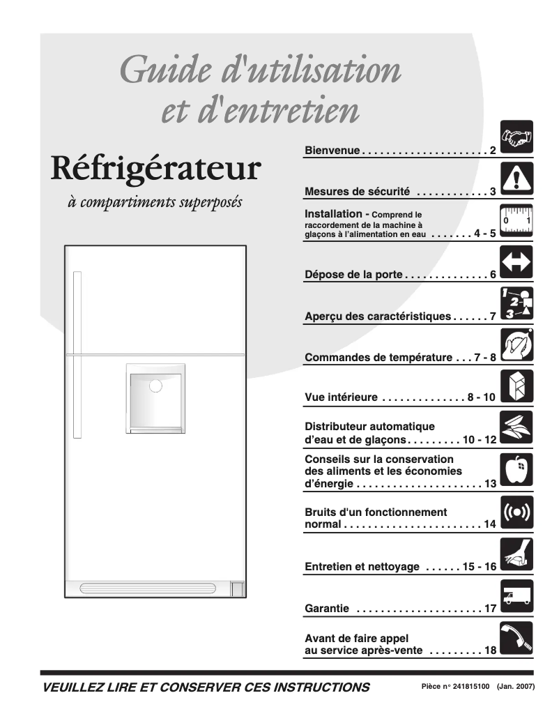 Page n°1 - Manuel utilisateur Frigidaire PHT189WHSM