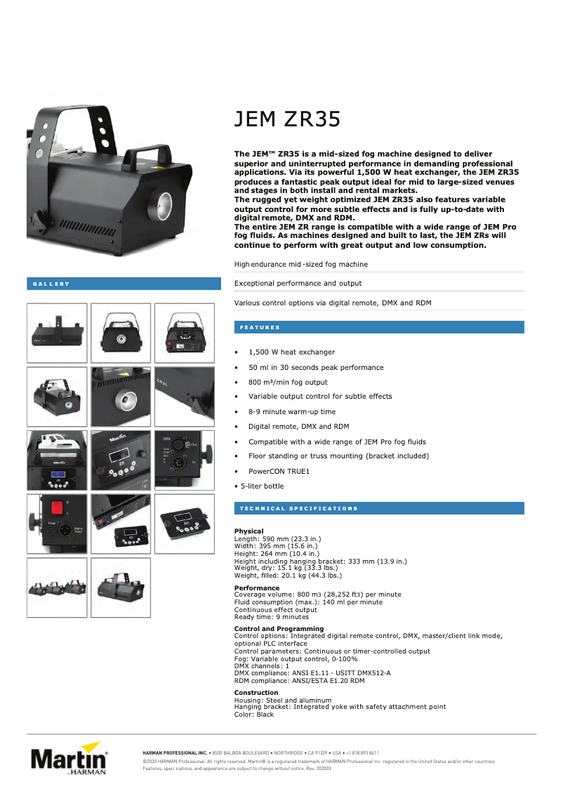 Page 1 de la notice Fiche technique Martin JEM ZR35