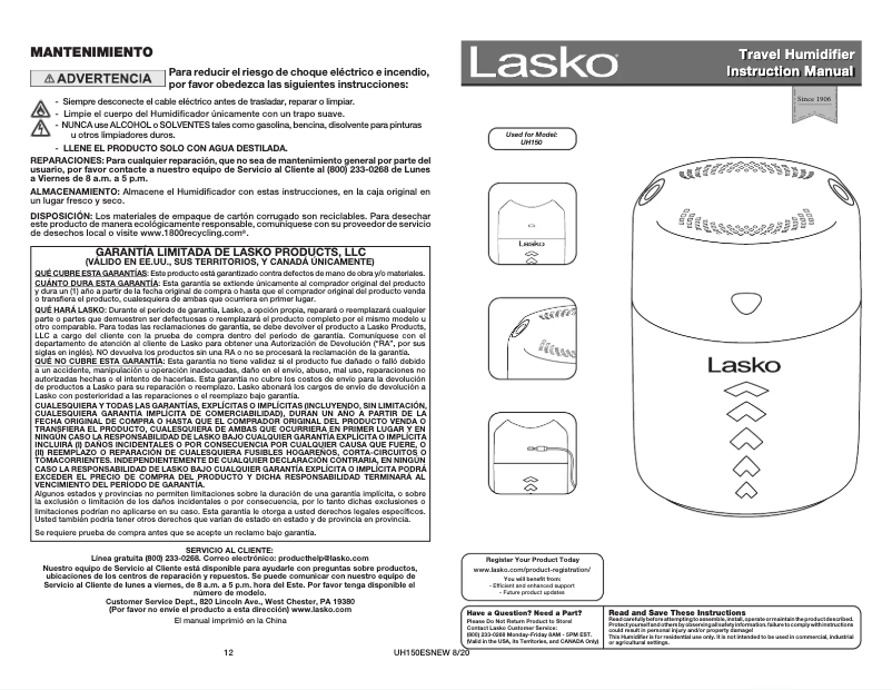 Página 1 del manual Manual de uso y mantenimiento Lasko Ultrasonic Travel UH150