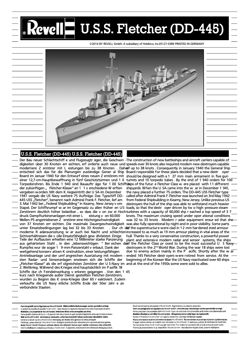 Page 1 de la notice Manuel utilisateur Revell U.S.S.Fletcher DD-445