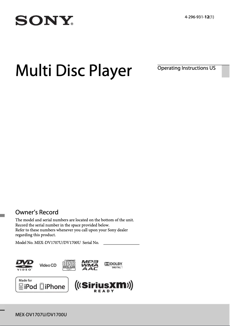 Page n°1 - Manuel utilisateur Sony MEX-DV1700U