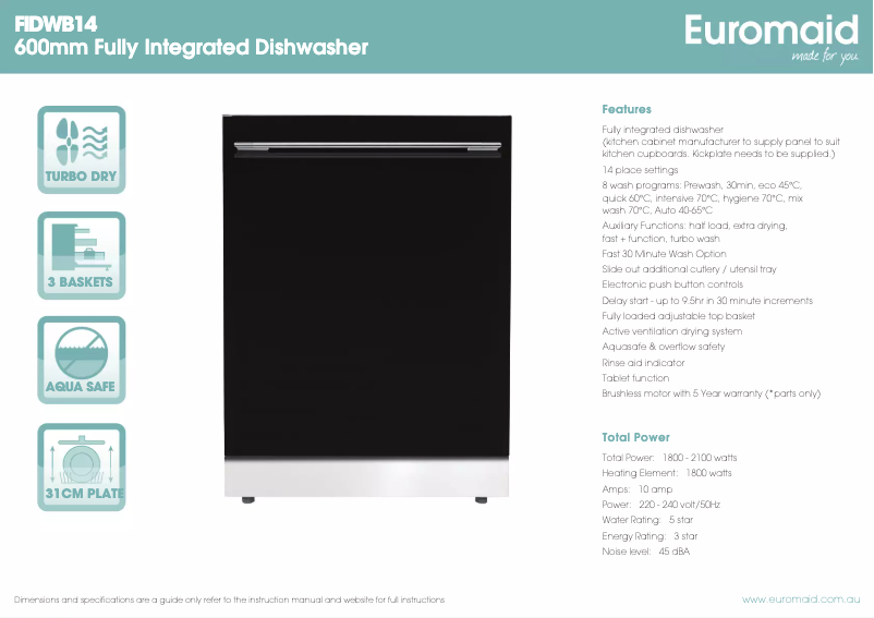 Page 1 de la notice Fiche technique Euromaid FIDWB14