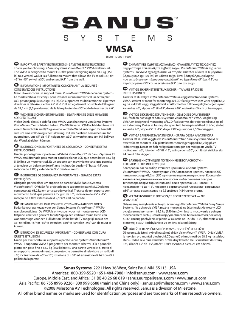 Page 1 de la notice Manuel utilisateur Sanus VMSA
