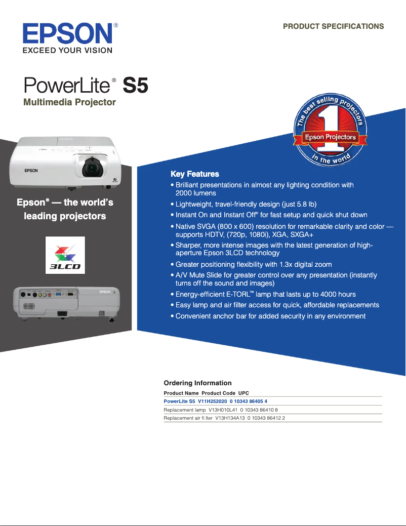 Page 1 de la notice Brochure Epson PowerLite S5