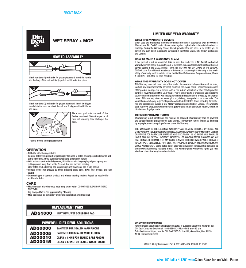 Page 1 de la notice Manuel utilisateur Dirt Devil PD11000