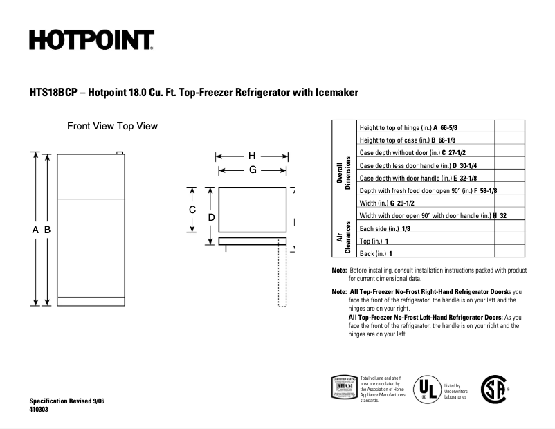 Page 1 de la notice Fiche technique Hotpoint HTS18BCPLWW