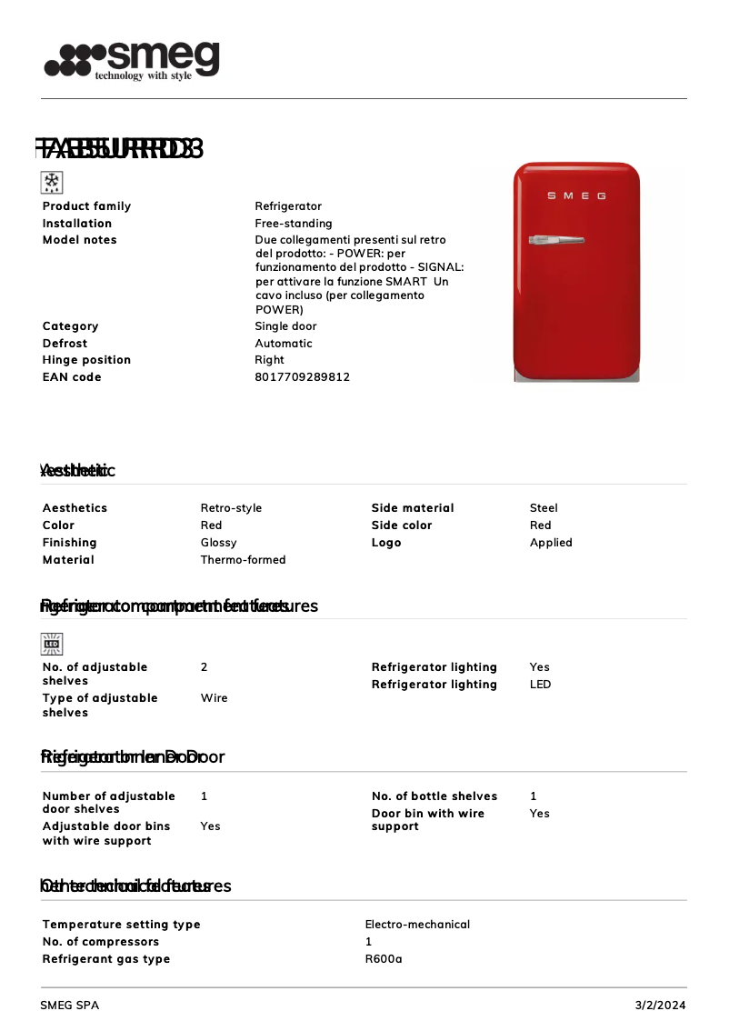 Page 1 de la notice Fiche technique Smeg FAB5URRD3