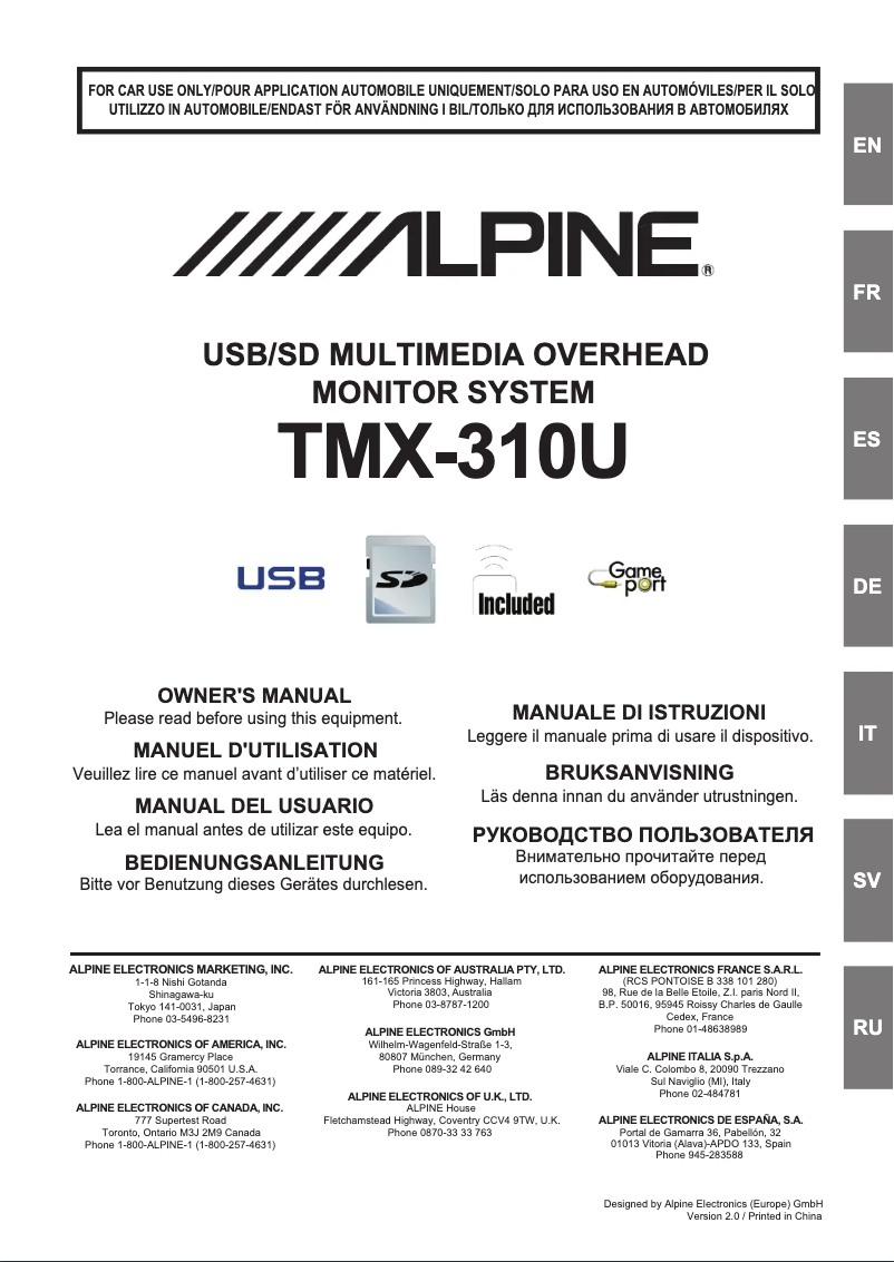Page 1 de la notice Manuel utilisateur Alpine TMX-310U