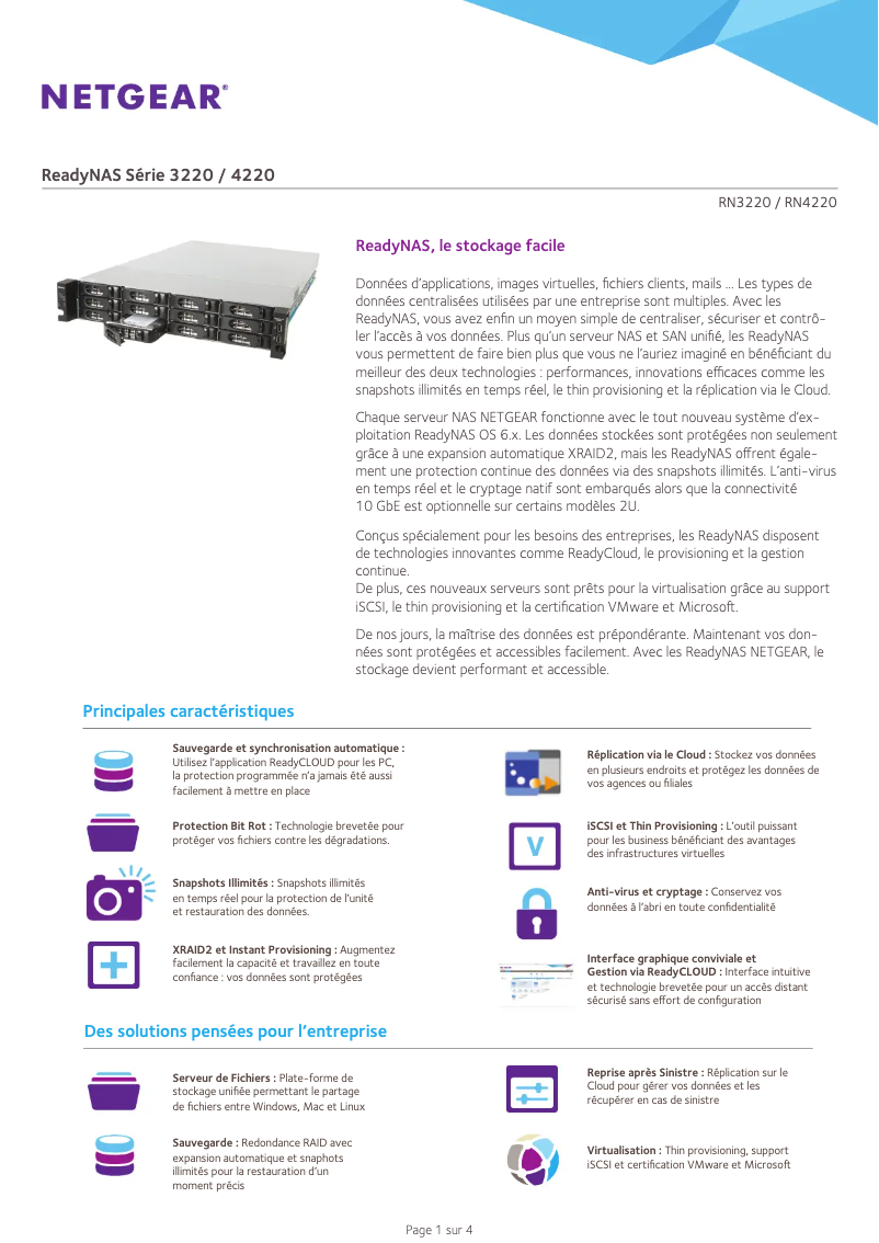 Page 1 de la notice Fiche technique Netgear ReadyNAS R3220
