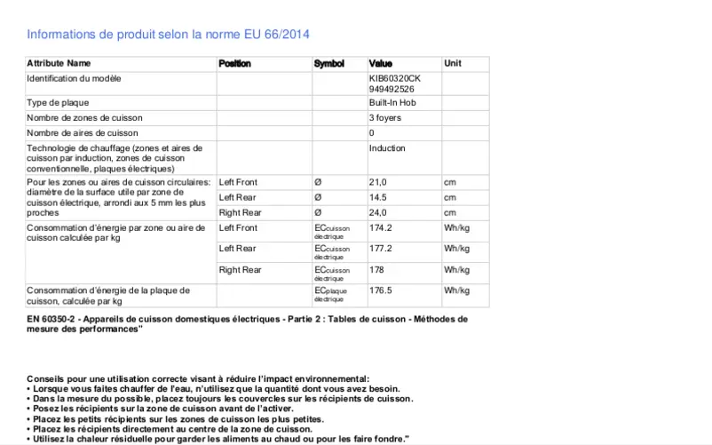 Page 1 de la notice Fiche technique Electrolux KIB60320CK