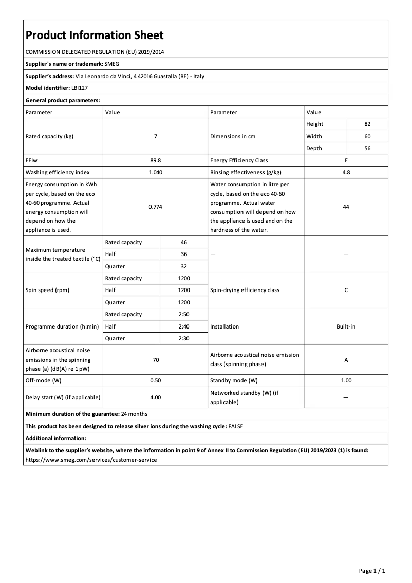 Page 1 de la notice Brochure Smeg LBI127