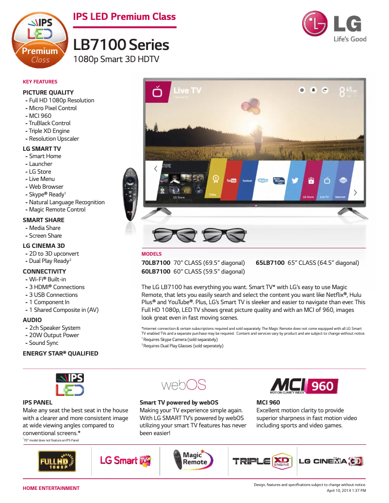 Page n°1 - Fiche technique LG 65LB7100
