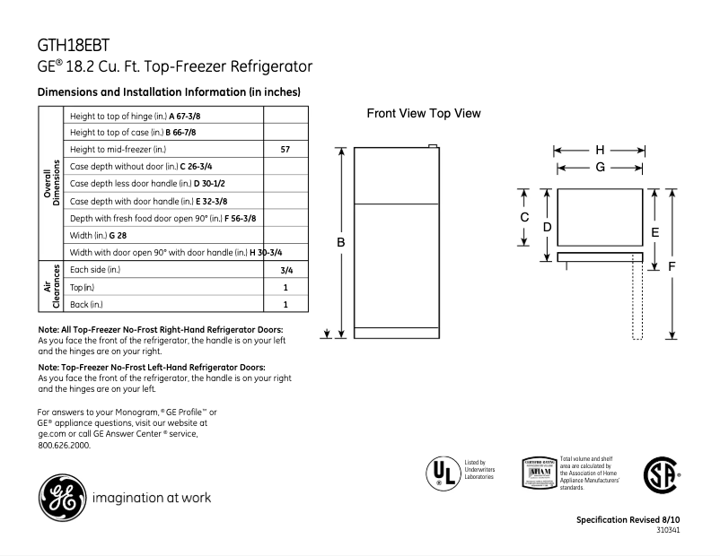 Page 1 de la notice Fiche technique GE GTH18EBTWW