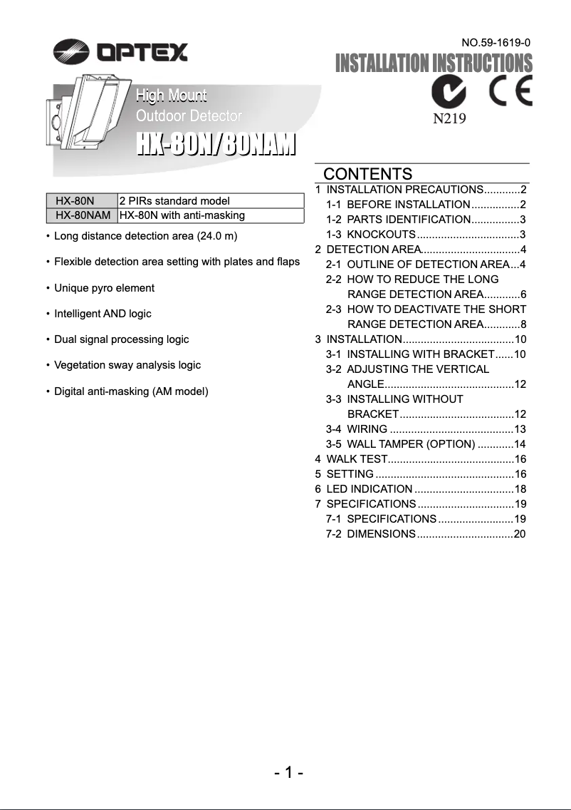 Page n°1 - Manuel utilisateur Optex HX-80N
