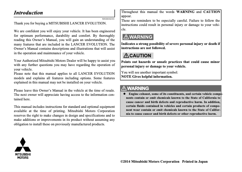 Page 1 de la notice Manuel utilisateur Mitsubishi Lancer Evolution (2015)
