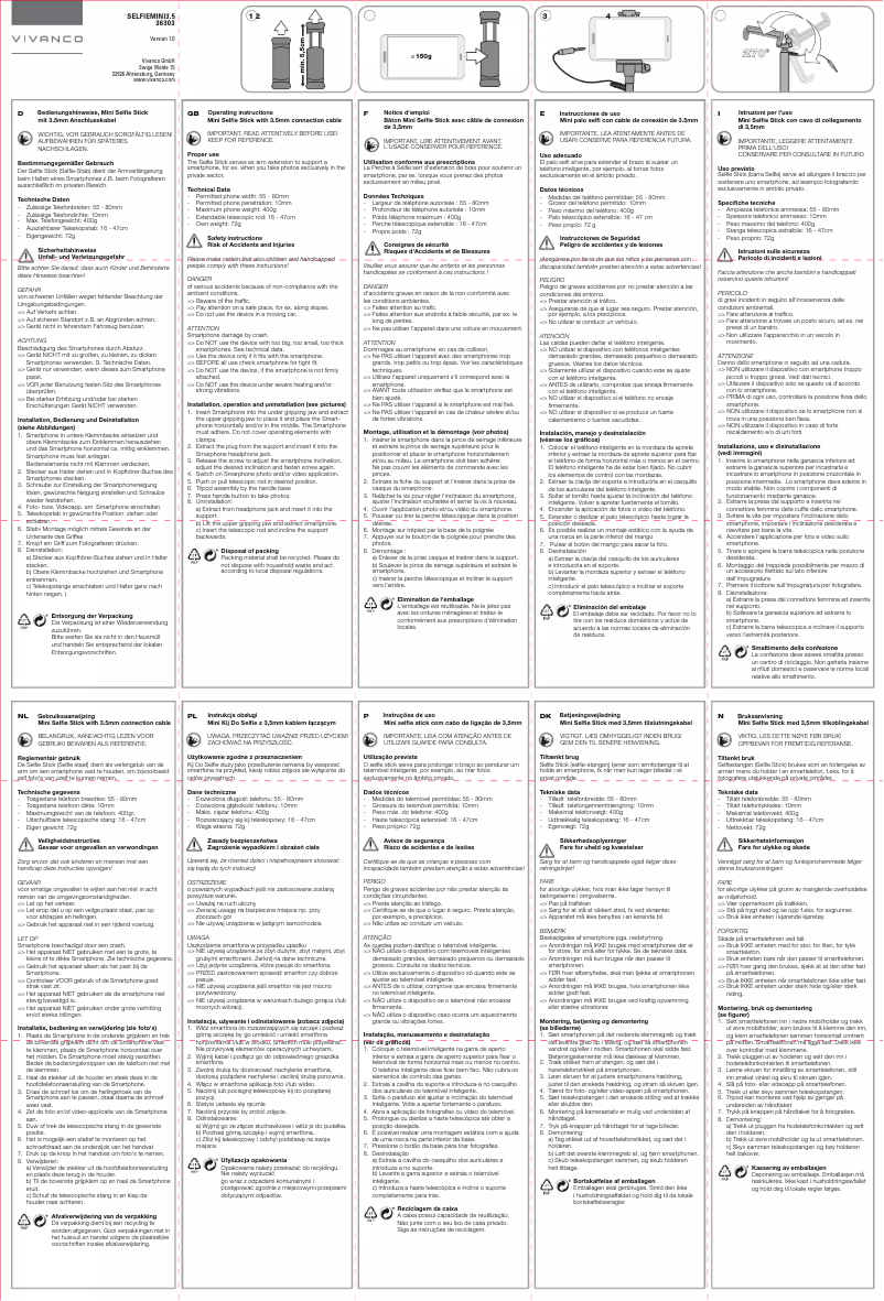 Page 1 de la notice Manuel utilisateur Vivanco Mini Selfie Stick 3.5 mm