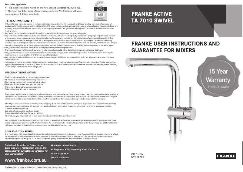 Page 1 de la notice Manuel utilisateur Franke TA7010